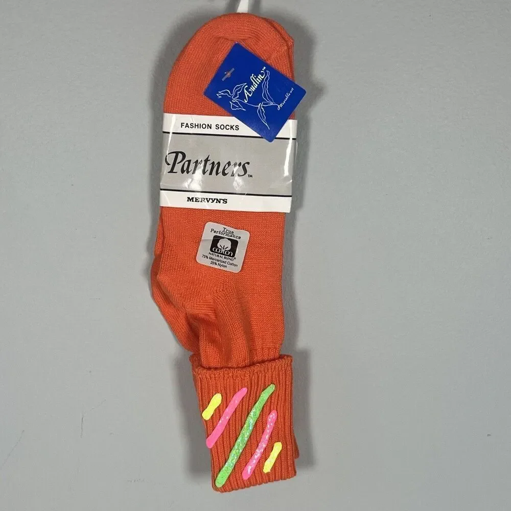 Vintage Mervyn’s Partners Orange 80’s Cuffed Anklet Socks Women Size 9-11 NOS